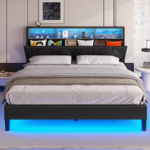 hauoms queen bed frame with storage headboard and rgb led lights, pu leather platform bed frame queen size with type-c & usb charging station, stable easy assembly, no box spring needed, black