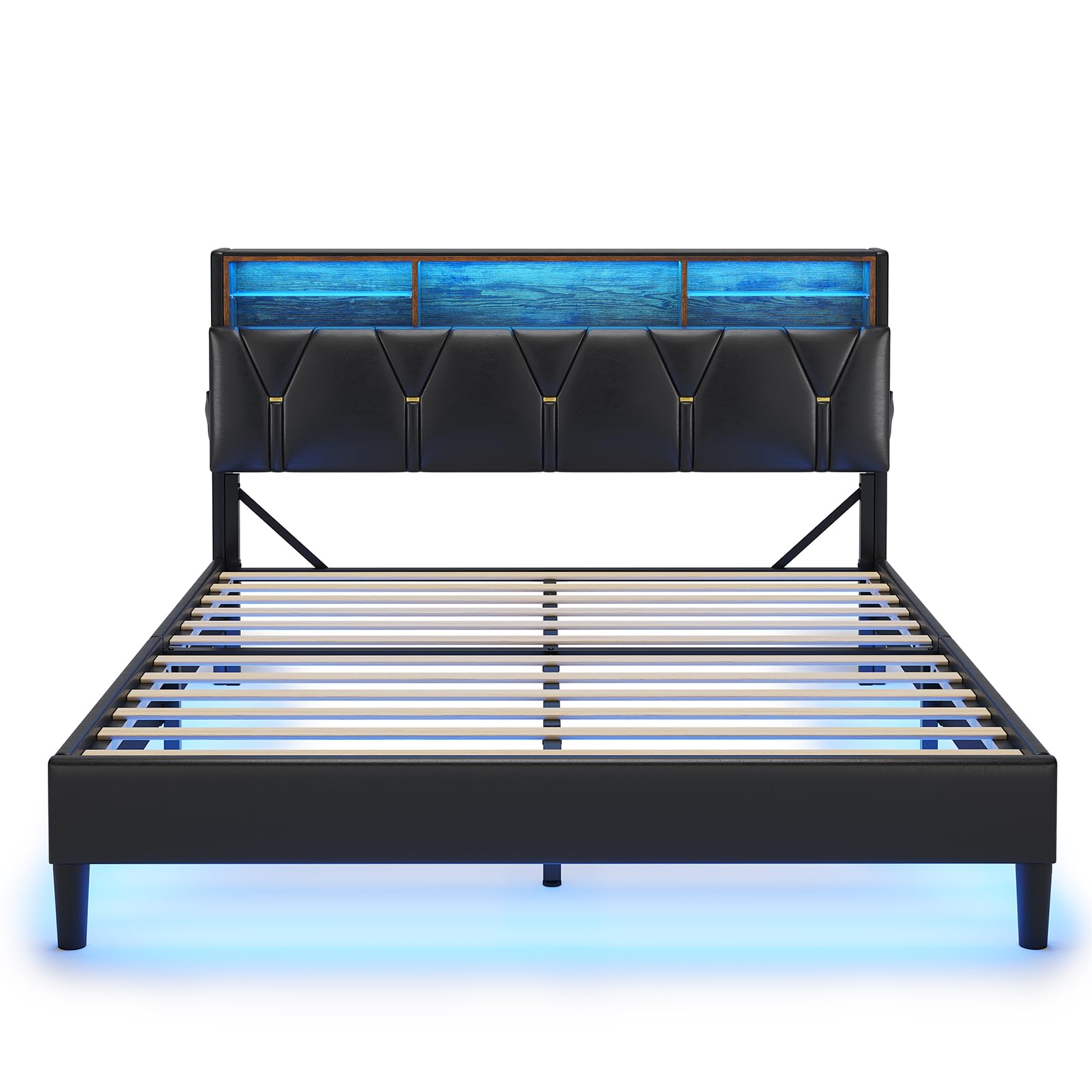 HAUOMS Queen Bed Frame with Storage Headboard and RGB LED Lights, PU Leather Platform Bed Frame Queen Size with Type-C & USB Charging Station, Stable Easy Assembly, No Box Spring Needed, Black