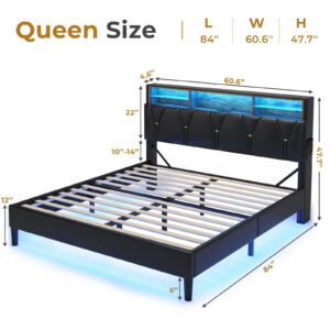 HAUOMS Queen Bed Frame with Storage Headboard and RGB LED Lights, PU Leather Platform Bed Frame Queen Size with Type-C & USB Charging Station, Stable Easy Assembly, No Box Spring Needed, Black