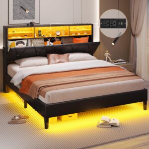 HAUOMS Queen Bed Frame with Storage Headboard and RGB LED Lights, PU Leather Platform Bed Frame Queen Size with Type-C & USB Charging Station, Stable Easy Assembly, No Box Spring Needed, Black