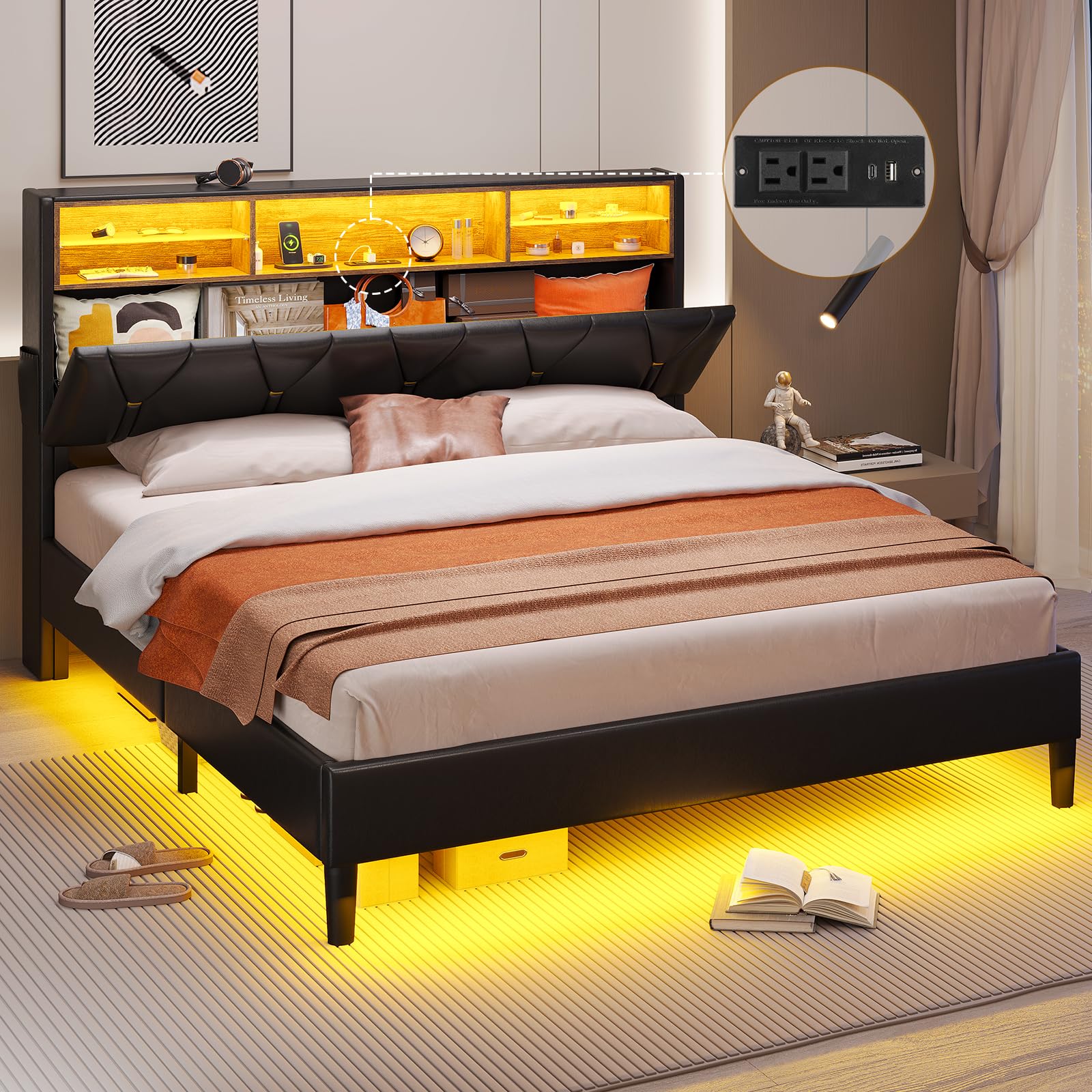 HAUOMS Queen Bed Frame with Storage Headboard and RGB LED Lights, PU Leather Platform Bed Frame Queen Size with Type-C & USB Charging Station, Stable Easy Assembly, No Box Spring Needed, Black