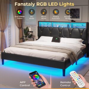 HAUOMS Queen Bed Frame with Storage Headboard and RGB LED Lights, PU Leather Platform Bed Frame Queen Size with Type-C & USB Charging Station, Stable Easy Assembly, No Box Spring Needed, Black