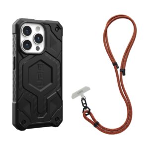 urban armor gear uag designed for iphone 15 pro case monarch pro carbon fiber 6.1" compatible with magsafe bundle with uag civilian phone crossbody lanyard 7mm adjustable body strap rust/black