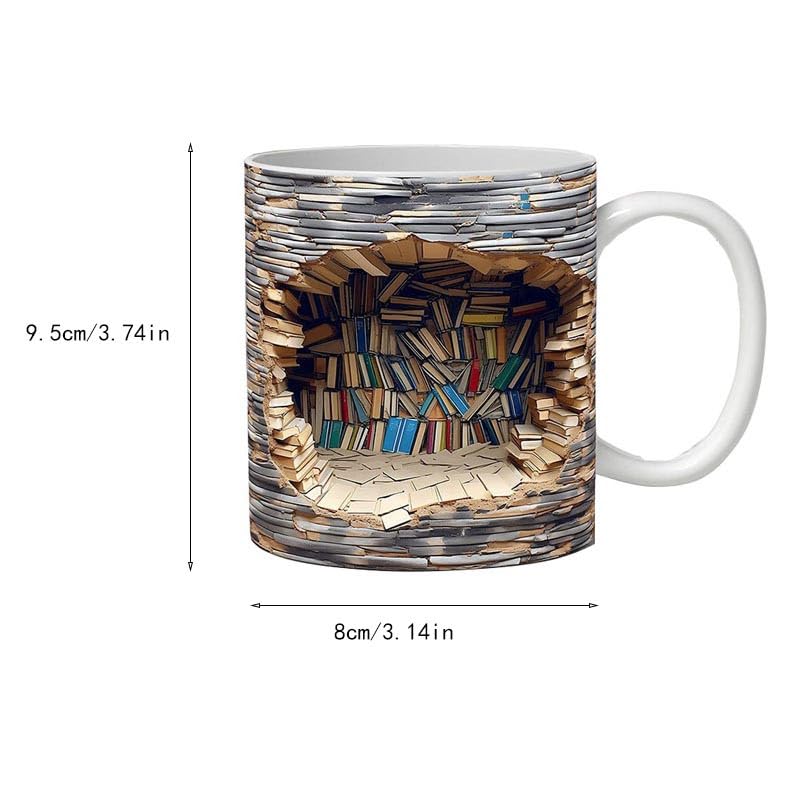 3D Bookshelf Mug - A Library Shelf Cup, Library Bookshelf Mug, Book Lovers Coffee Mug, Creative Space Design Multi-Purpose Ceramic Mug, Cool Gifts for Readers Bookish 3D White Mug (B)