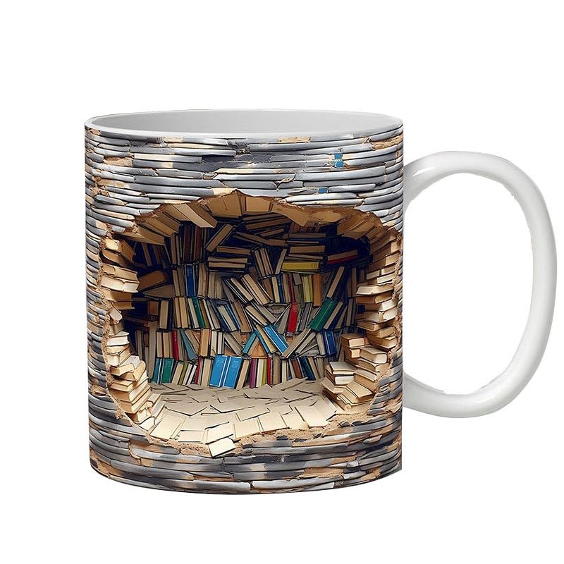 3D Bookshelf Mug - A Library Shelf Cup, Library Bookshelf Mug, Book Lovers Coffee Mug, Creative Space Design Multi-Purpose Ceramic Mug, Cool Gifts for Readers Bookish 3D White Mug (B)