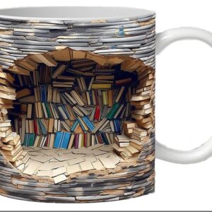 3D Bookshelf Mug - A Library Shelf Cup, Library Bookshelf Mug, Book Lovers Coffee Mug, Creative Space Design Multi-Purpose Ceramic Mug, Cool Gifts for Readers Bookish 3D White Mug (B)