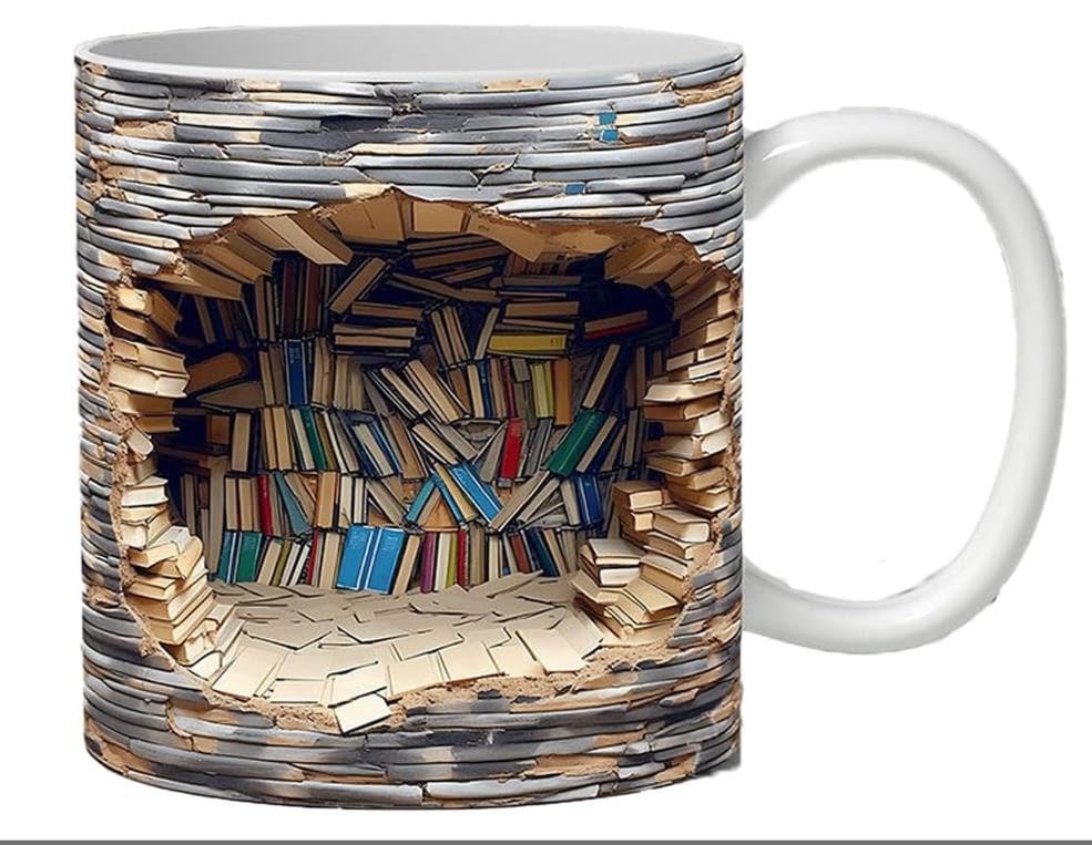 3D Bookshelf Mug - A Library Shelf Cup, Library Bookshelf Mug, Book Lovers Coffee Mug, Creative Space Design Multi-Purpose Ceramic Mug, Cool Gifts for Readers Bookish 3D White Mug (B)