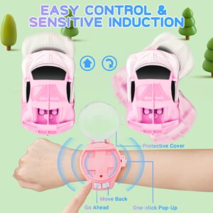 LOGOPLAY 2024 New Mini Remote Control Car Watch Toys, 2.4 GHz Cartoon RC Watch Racing Car, USB Charging Remote Control Car, Watch Car Hand Controlled Watch RC Car for Boys Girls Birthday Gift (Pink)