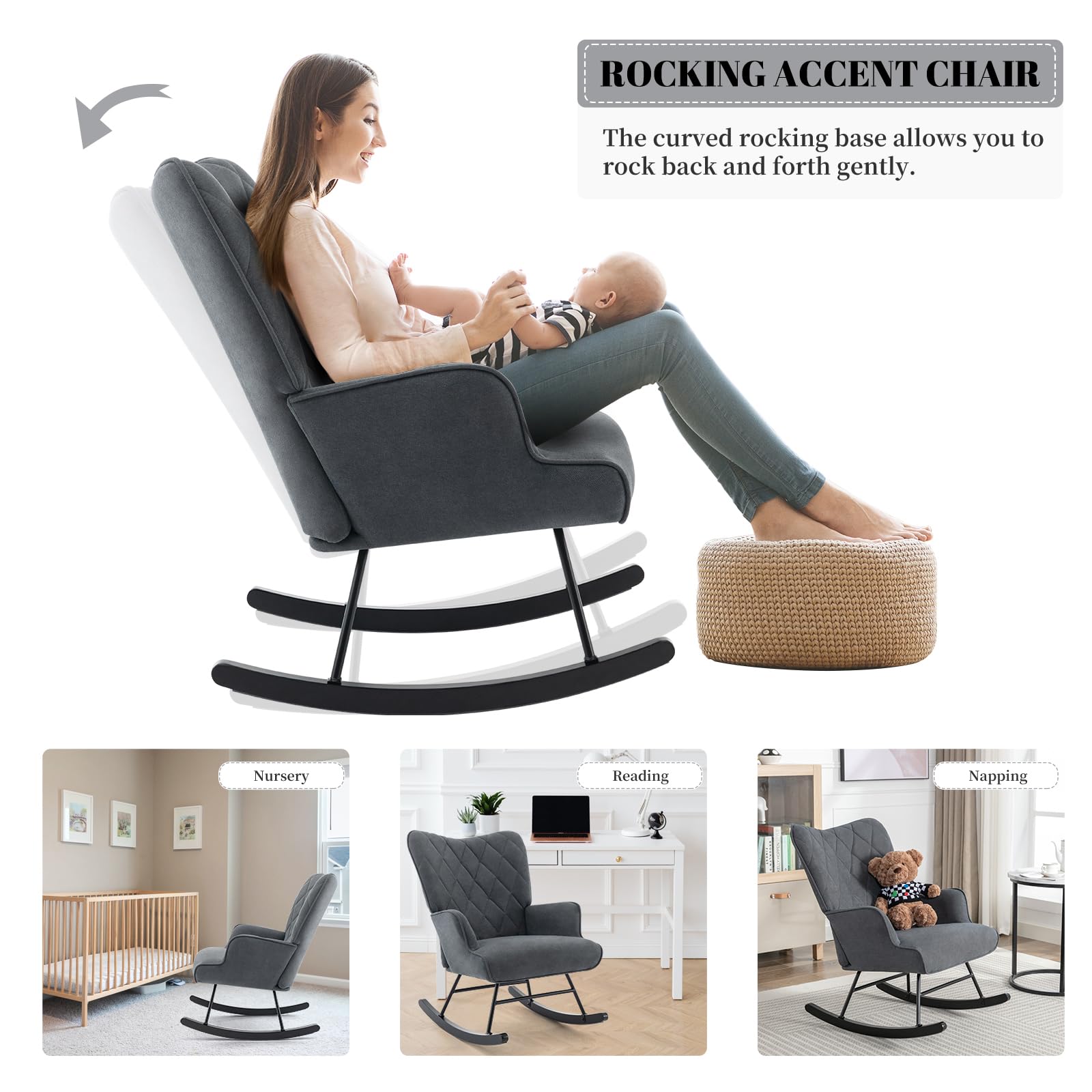 Rocking Chair Nursery with Upholstered Glider Chair for Nursery, High Backrest Armchair Comfy Glider Rocker for Nursery/Living Room/Bedroom-Gray