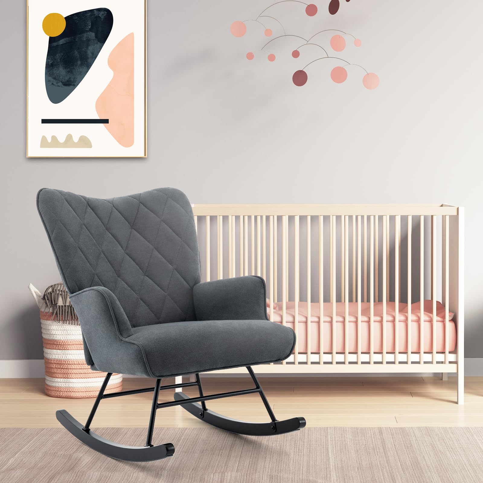 Rocking Chair Nursery with Upholstered Glider Chair for Nursery, High Backrest Armchair Comfy Glider Rocker for Nursery/Living Room/Bedroom-Gray