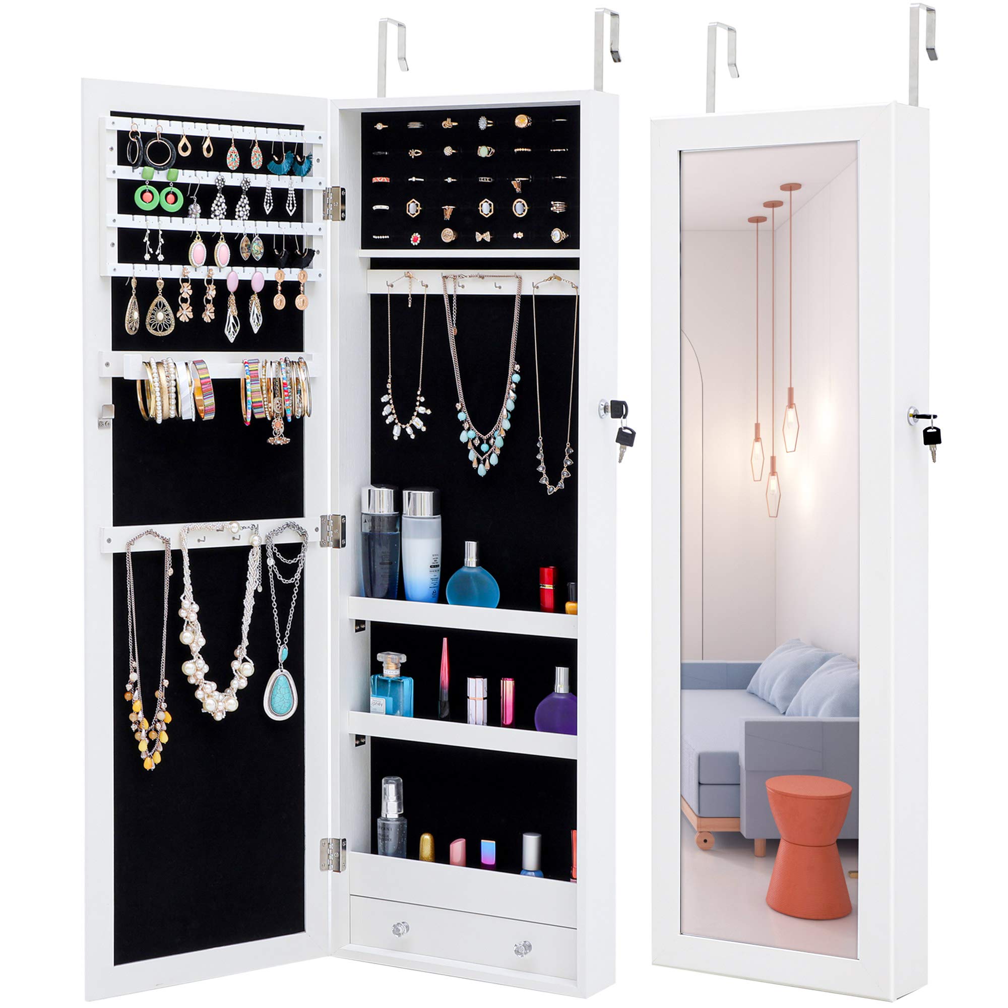 Jaxenor Fashion Simple Jewelry Storage Mirror Cabinet Can Be Hung On The Door Or Wall, White