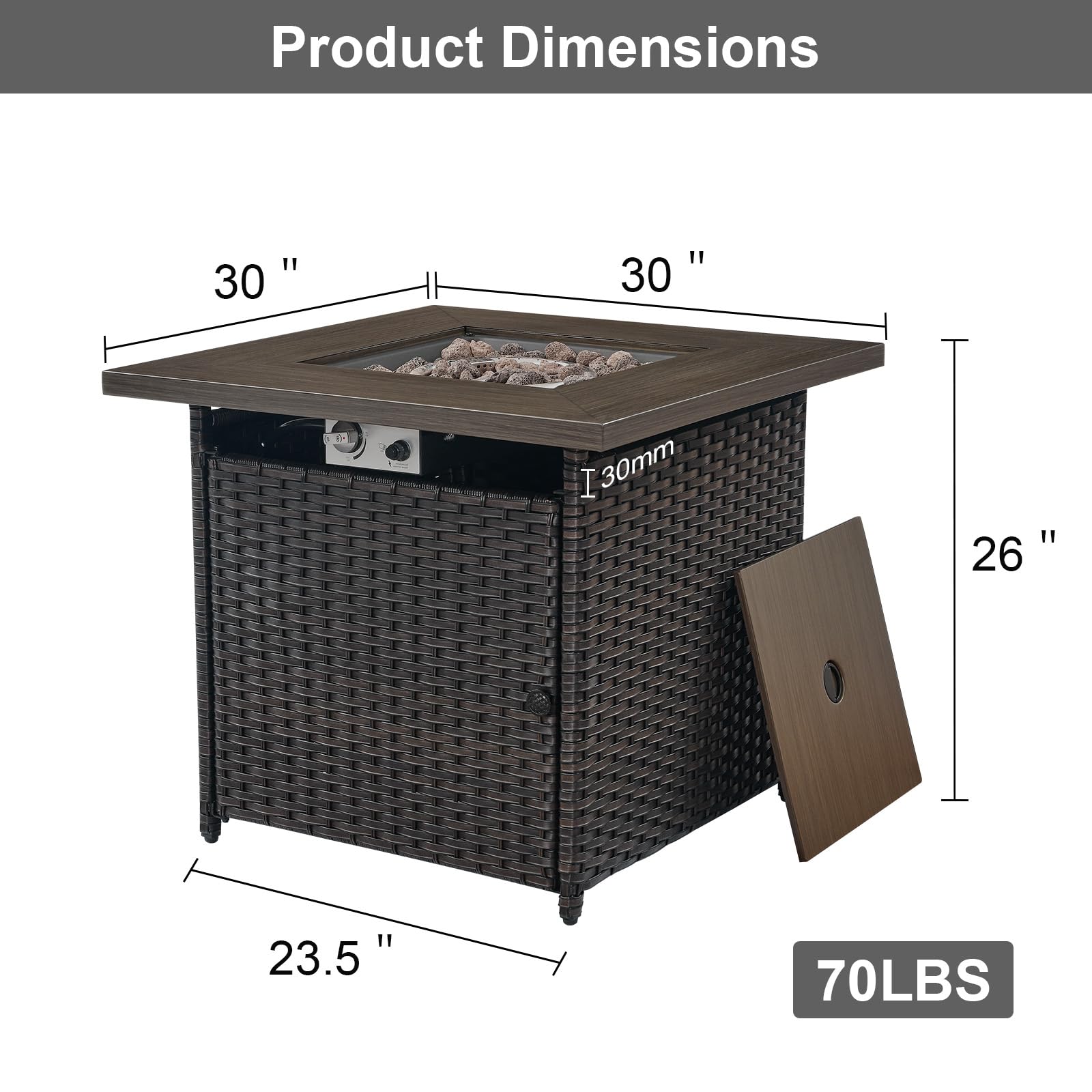 HUMMUH 30" Square Propane Fire Pit Table, 50,000 BTU Outdoor Gas Fire Pit with Lid and Lava Rock 2-in-1 Steel Fire Table for Porch Backyard Deck Balcony - Brown