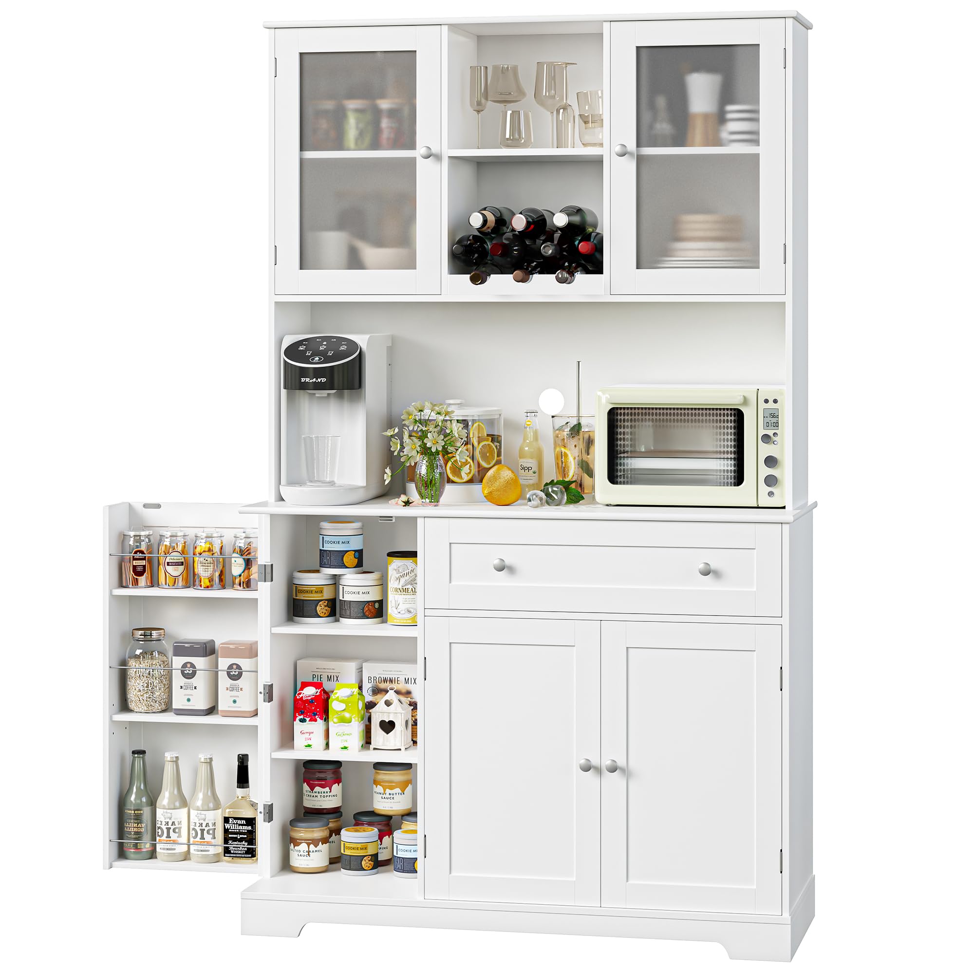 HOSTACK Kitchen Pantry Storage Cabinet, Modern Buffet Cabinet with Hutch, Tall Kitchen Hutch Cabinet with Microwave Stand, Food Pantry Cabinet with Doors and Shelves | Wine Rack for Dining Room, White