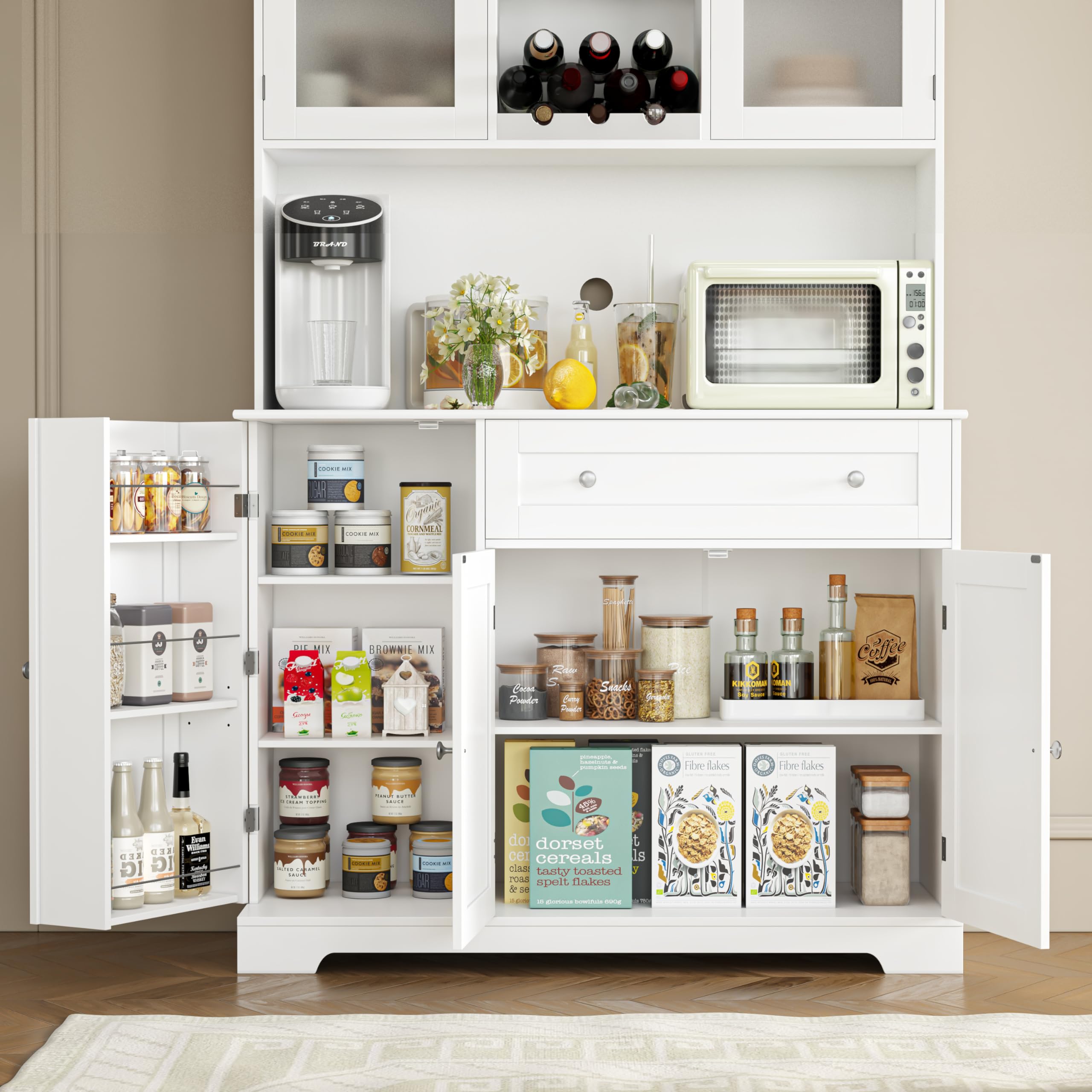 HOSTACK Kitchen Pantry Storage Cabinet, Modern Buffet Cabinet with Hutch, Tall Kitchen Hutch Cabinet with Microwave Stand, Food Pantry Cabinet with Doors and Shelves | Wine Rack for Dining Room, White