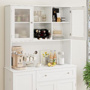 HOSTACK Kitchen Pantry Storage Cabinet, Modern Buffet Cabinet with Hutch, Tall Kitchen Hutch Cabinet with Microwave Stand, Food Pantry Cabinet with Doors and Shelves | Wine Rack for Dining Room, White