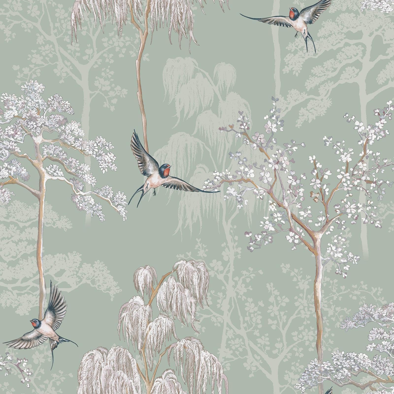 World of Wallpaper Japanese Garden Inspired Oriental Asian Themed Wallpaper for Living Room and Bedroom Cherry Blossom Trees and Oriental Birds - Sage Green 946102