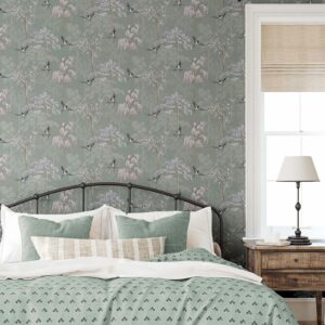 World of Wallpaper Japanese Garden Inspired Oriental Asian Themed Wallpaper for Living Room and Bedroom Cherry Blossom Trees and Oriental Birds - Sage Green 946102