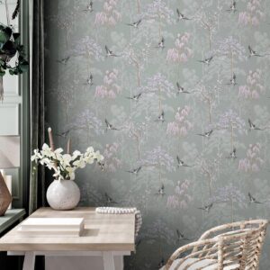 World of Wallpaper Japanese Garden Inspired Oriental Asian Themed Wallpaper for Living Room and Bedroom Cherry Blossom Trees and Oriental Birds - Sage Green 946102