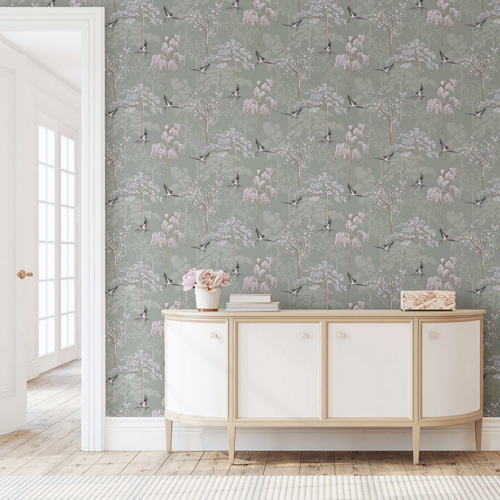 World of Wallpaper Japanese Garden Inspired Oriental Asian Themed Wallpaper for Living Room and Bedroom Cherry Blossom Trees and Oriental Birds - Sage Green 946102