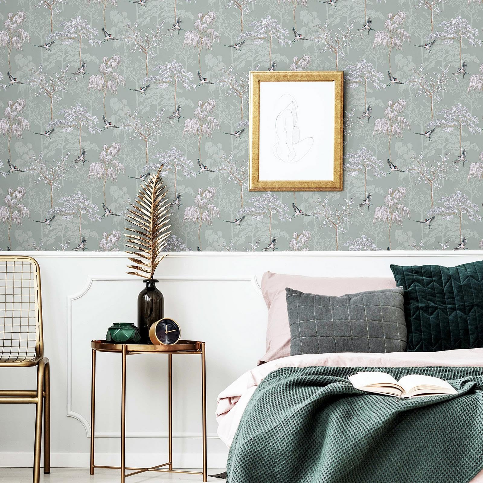 World of Wallpaper Japanese Garden Inspired Oriental Asian Themed Wallpaper for Living Room and Bedroom Cherry Blossom Trees and Oriental Birds - Sage Green 946102