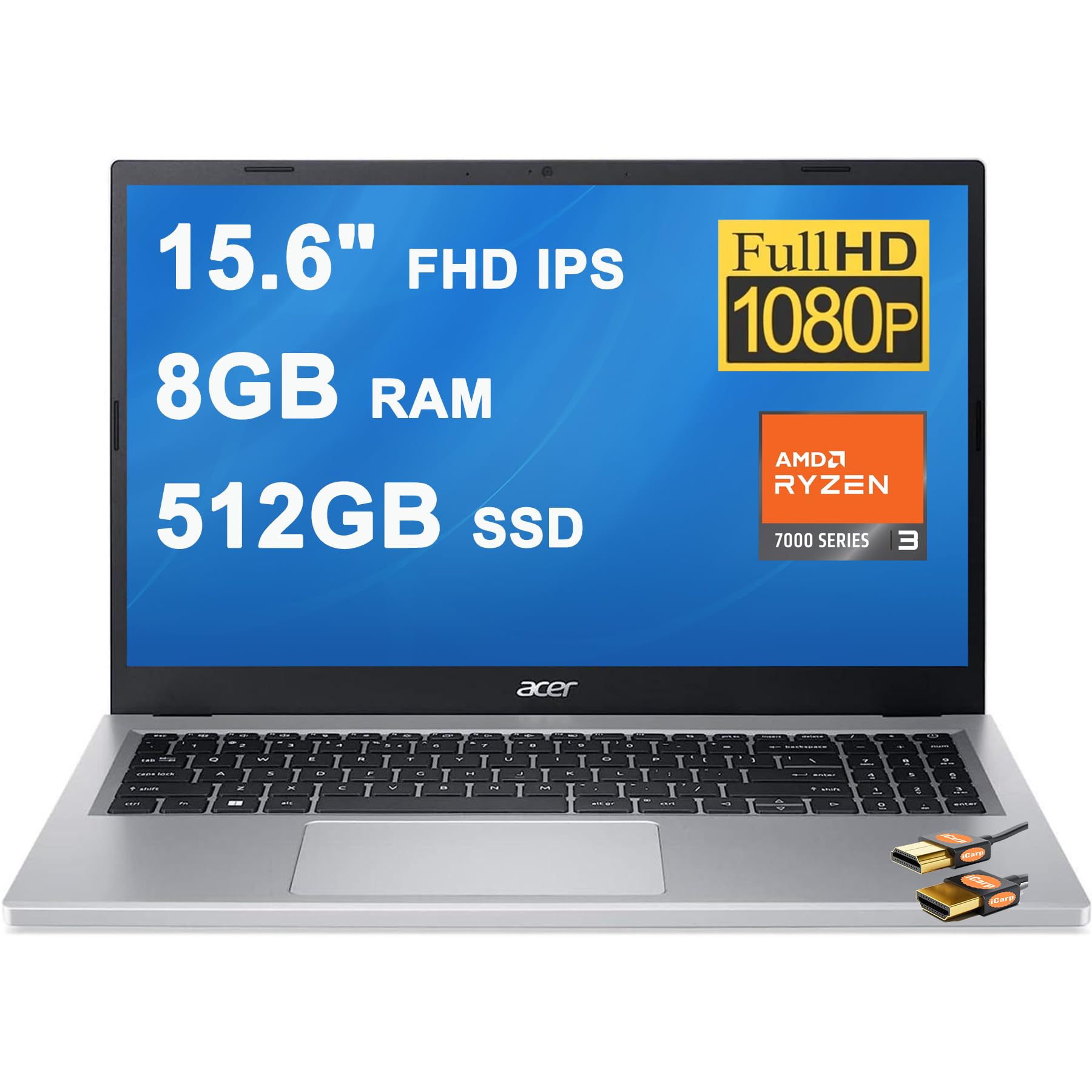 acer Aspire 3 Thin and Light Business Laptop Computer 15.6" FHD IPS Display AMD Quad-core Ryzen 3 7320U Processor 8GB RAM 512GB SSD AMD Radeon 610M Graphics USB-C Win11 Silver + HDMI Cable