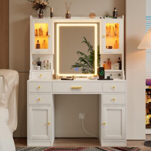 White Vanity Desk with Mirror, Lights and Charging Station - Large Makeup Table Set with RGB Cabinets and 3 LED Light Modes