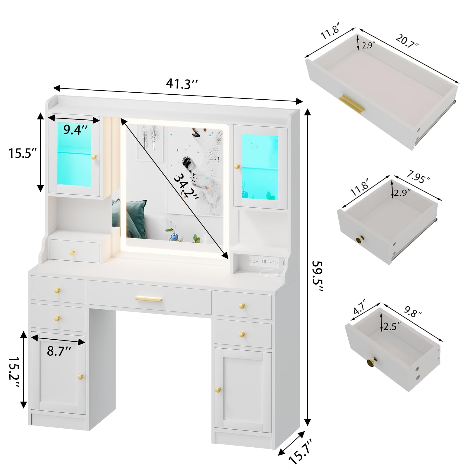 White Vanity Desk with Mirror, Lights and Charging Station - Large Makeup Table Set with RGB Cabinets and 3 LED Light Modes