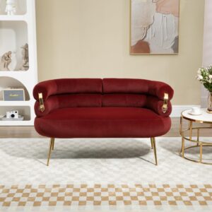 Loveseat Sofa Small Velvet Couch with Gold Metal Feet Modern Mini Settee Loveseat with Curved Back Comfy Accent Upholstered Cloud Sofa for Bedroom Small Spaces, 50'' Wine Red