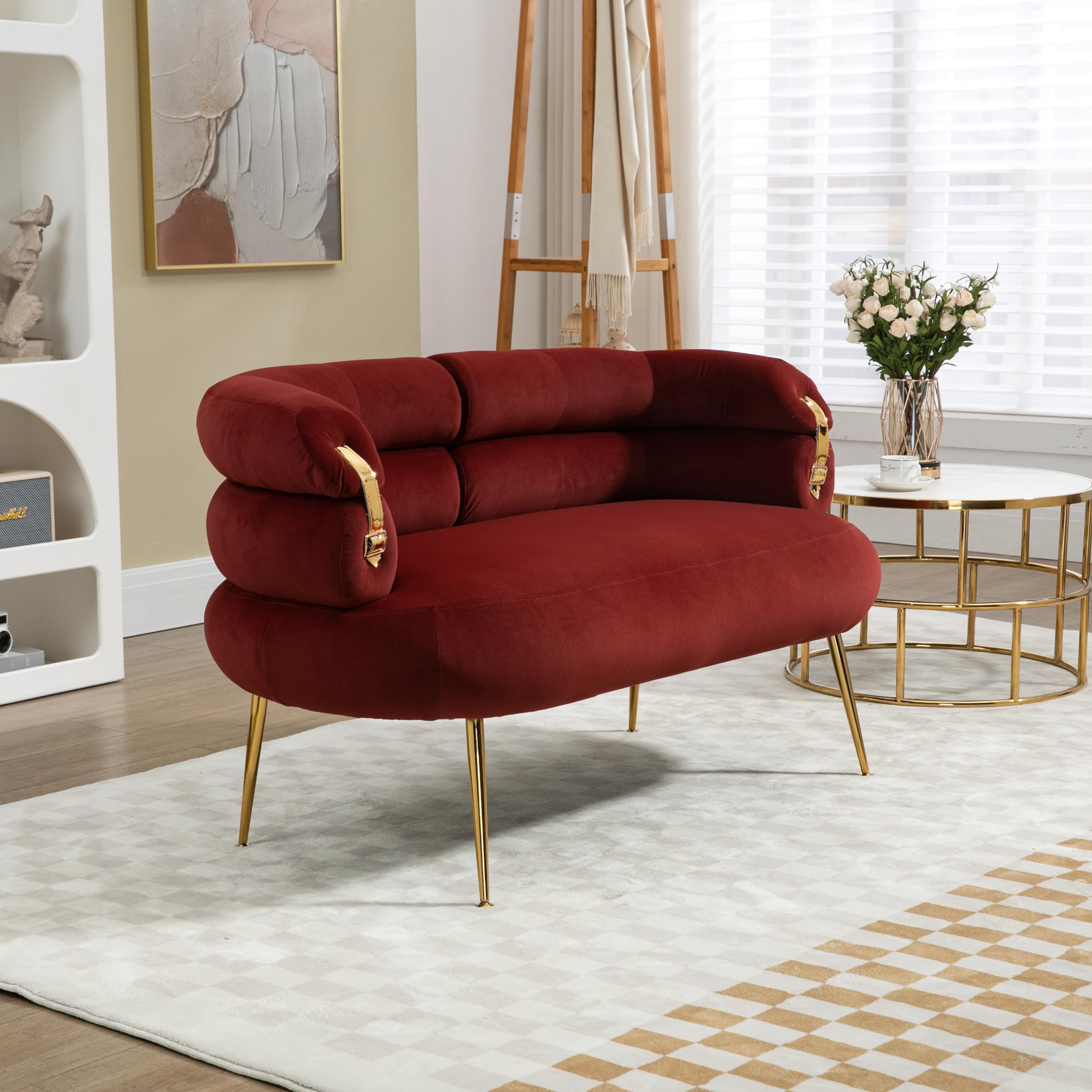 Loveseat Sofa Small Velvet Couch with Gold Metal Feet Modern Mini Settee Loveseat with Curved Back Comfy Accent Upholstered Cloud Sofa for Bedroom Small Spaces, 50'' Wine Red