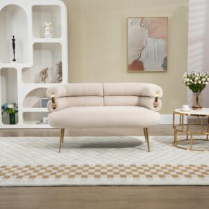 Loveseat Sofa Small Velvet Couch with Gold Metal Feet Modern Mini Settee Loveseat with Curved Back Comfy Accent Upholstered Cloud Sofa for Bedroom Small Spaces, 50'' Beige