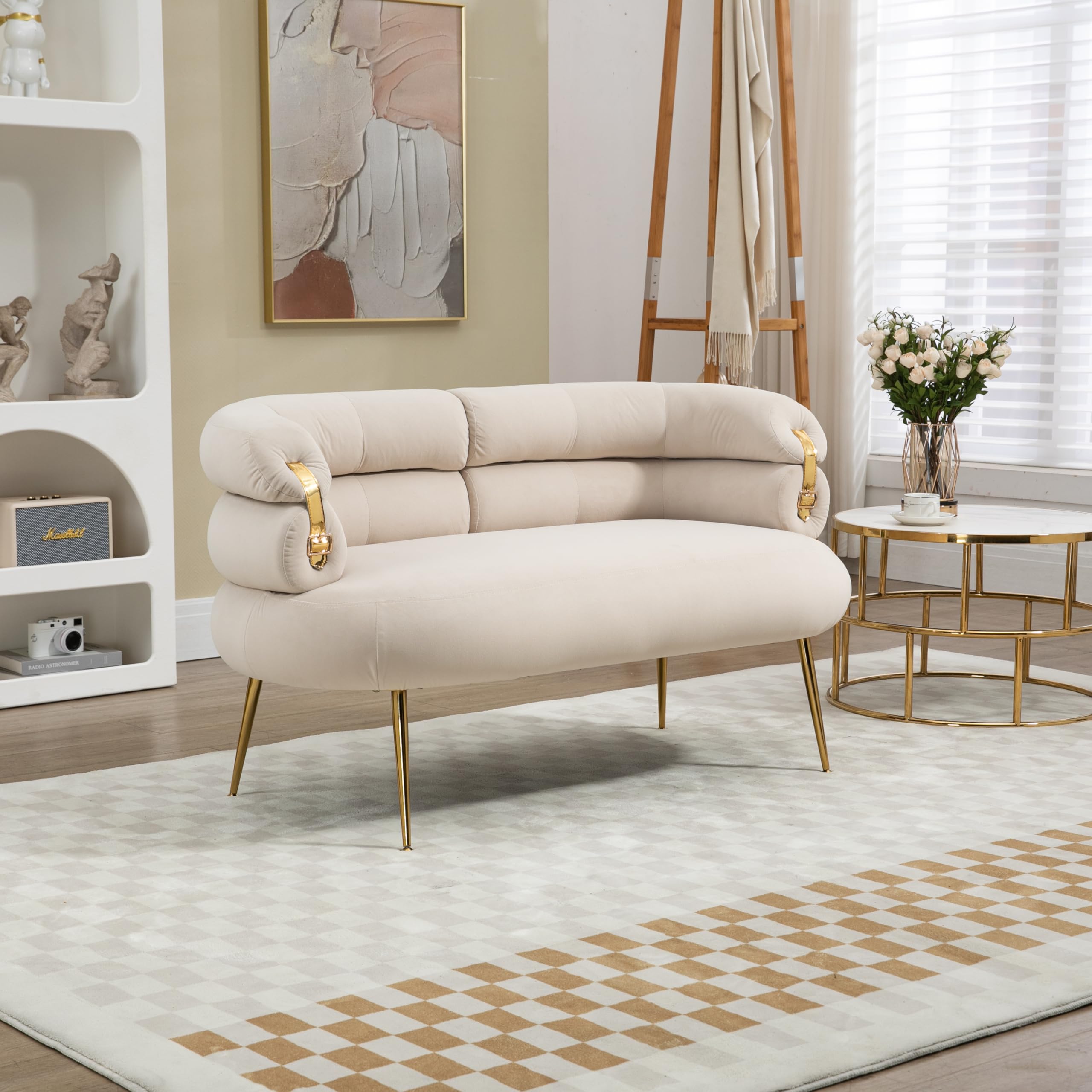 Loveseat Sofa Small Velvet Couch with Gold Metal Feet Modern Mini Settee Loveseat with Curved Back Comfy Accent Upholstered Cloud Sofa for Bedroom Small Spaces, 50'' Beige