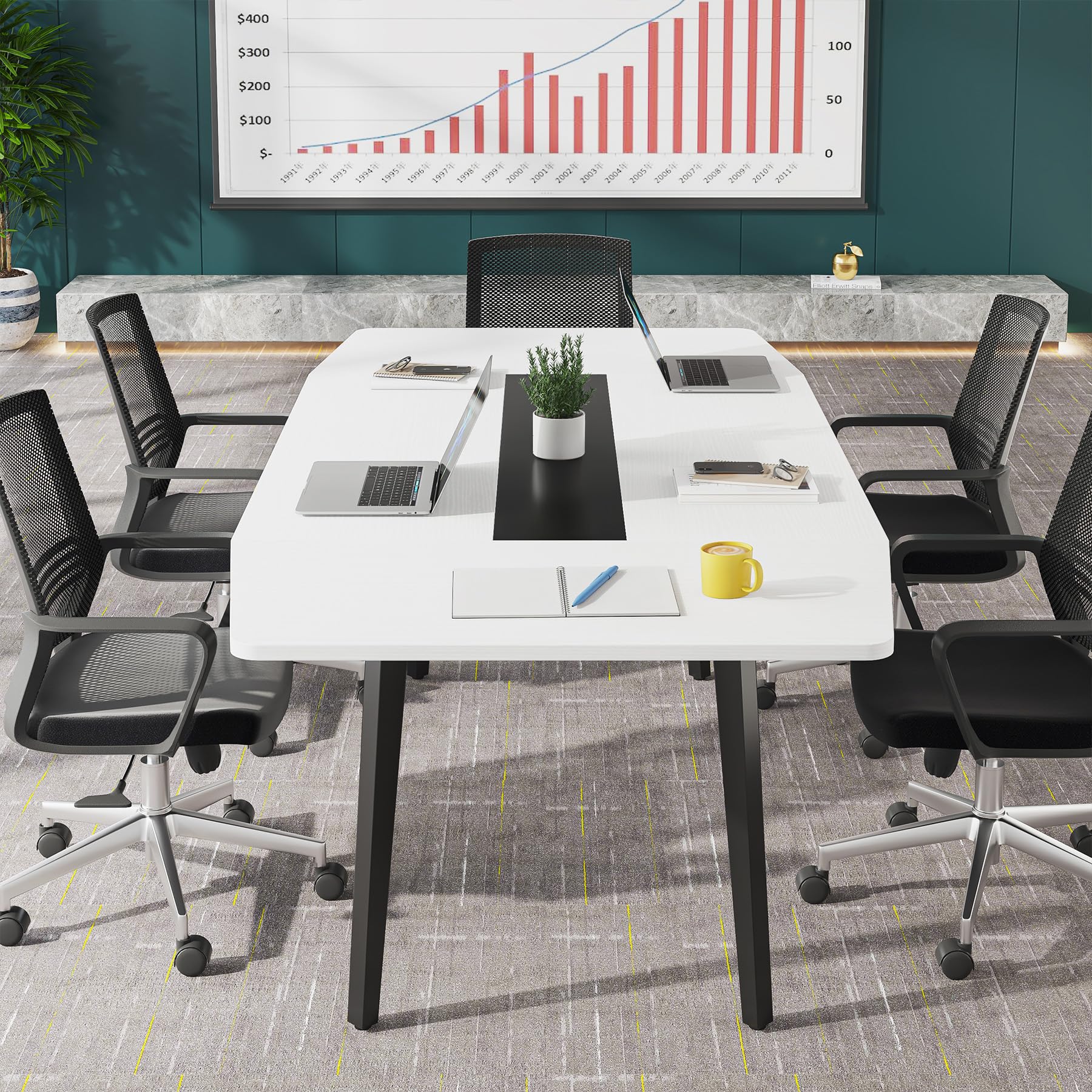 Tribesigns 6FT Conference Table, 70.86L x 35.43W x 29.52H Inches Boat Shaped Meeting Table, Modern Seminar Table for Office Meeting Conference Room (6ft, White & Black)