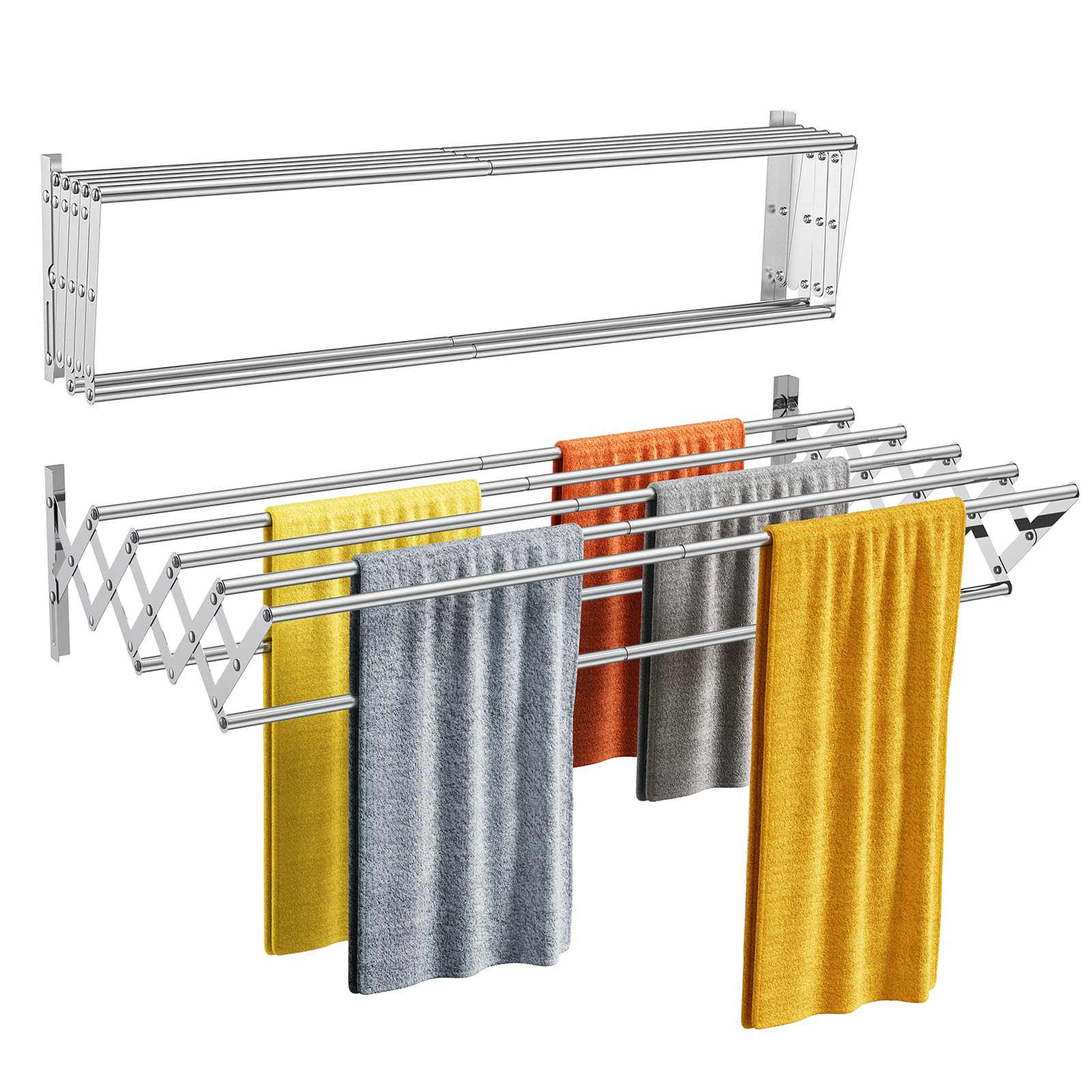 MrToNo Wall Mounted Clothes Drying Rack, Rustproof Accordion Retractable Drying Rack for Laundry Room/Bathroom Tower，Easy to Install with 7 Drying 31.5-inch Rods, 80 lbs Large Capacity