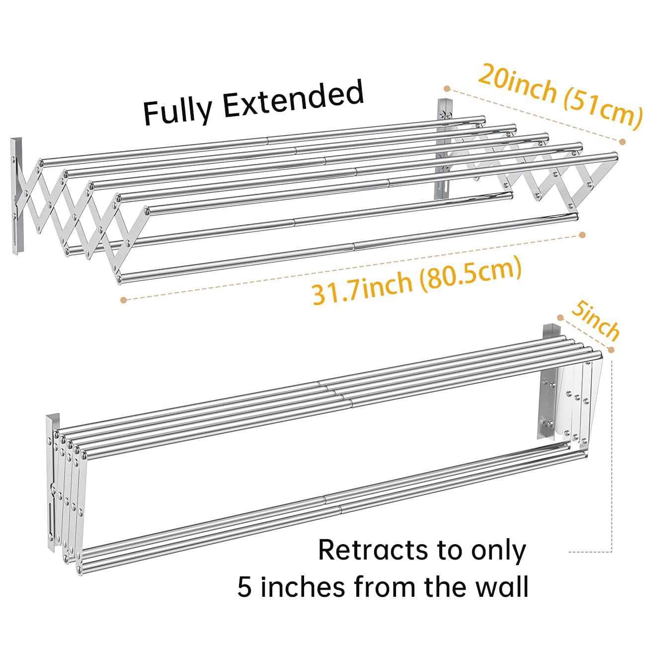 MrToNo Wall Mounted Clothes Drying Rack, Rustproof Accordion Retractable Drying Rack for Laundry Room/Bathroom Tower，Easy to Install with 7 Drying 31.5-inch Rods, 80 lbs Large Capacity