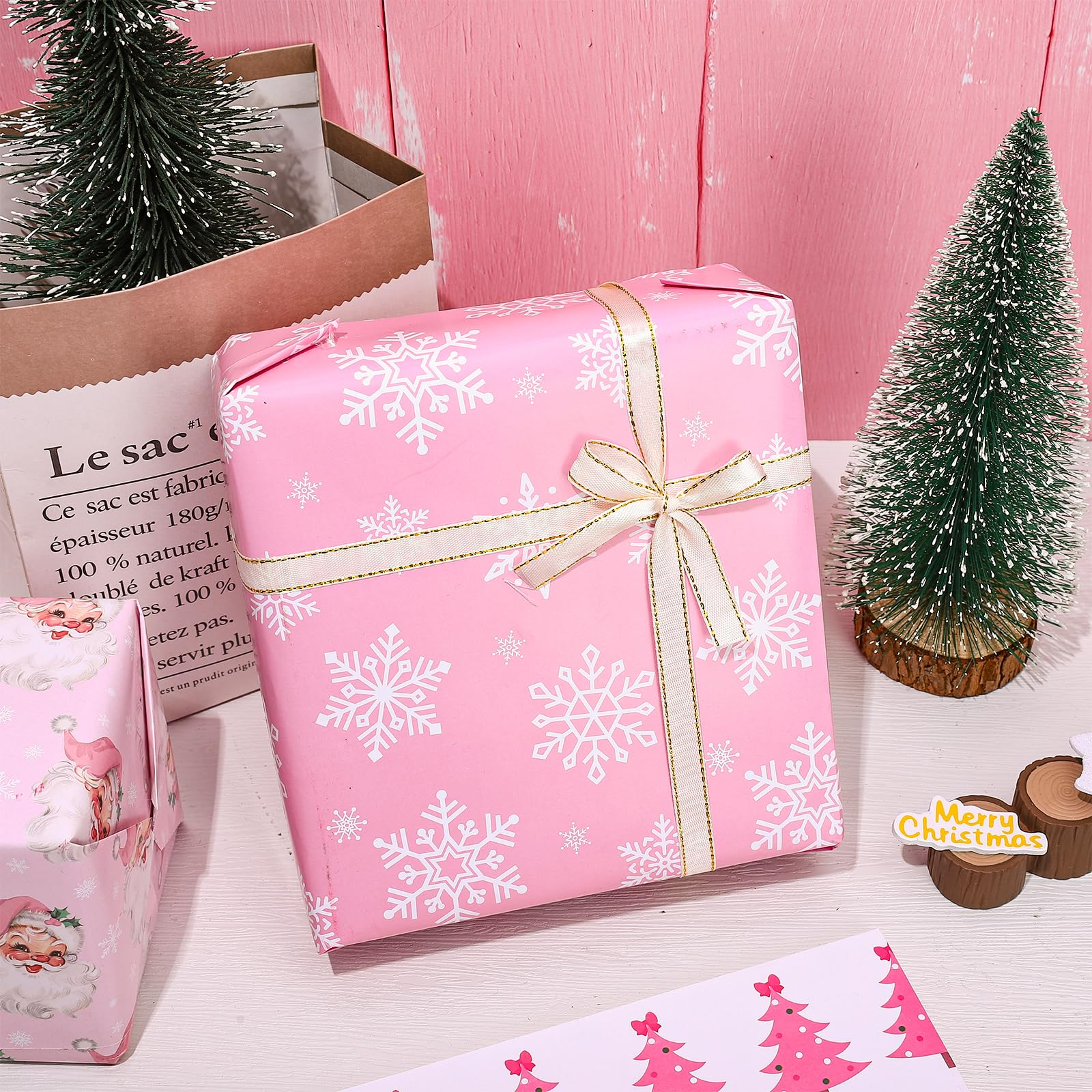 Whaline 12 Sheet Pink Christmas Wrapping Paper Winter Pink Gift Wrap Paper Xmas Tree Santa Snowman Snowflake Folded Flat DIY Craft Art Paper for Party Decor Supplies, 19.7 x 27.6 Inch