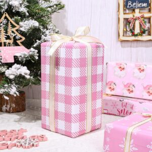 Whaline 12 Sheet Pink Christmas Wrapping Paper Winter Pink Gift Wrap Paper Xmas Tree Santa Snowman Snowflake Folded Flat DIY Craft Art Paper for Party Decor Supplies, 19.7 x 27.6 Inch