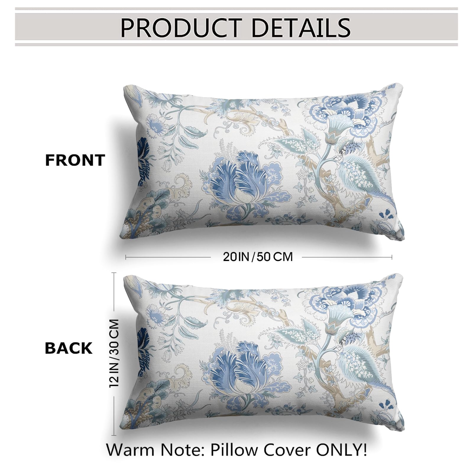 Snycler Chinoiserie Pillow Covers Set of 2 Blue and White Outdoor Pillows Flowers Throw Pillow Covers Cotton Square Cushion Cover Decor for Bedroom Couch Bed Living Room Sofa Chair 12"x20" C12