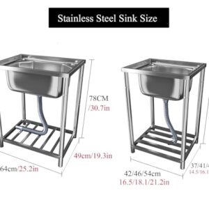 Stainless Steel Utility Sink, Single Bowl Free Standing Kitchen Sink, 1 Compartment Outdoor Garden Sink, Commercial Restaurant Sink Set with Drainer Unit, for Garage, Laundry (Color : Hot Cold taps,