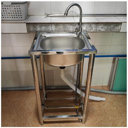 Stainless Steel Utility Sink, Single Bowl Free Standing Kitchen Sink, 1 Compartment Outdoor Garden Sink, Commercial Restaurant Sink Set with Drainer Unit, for Garage, Laundry (Color : Hot Cold taps,