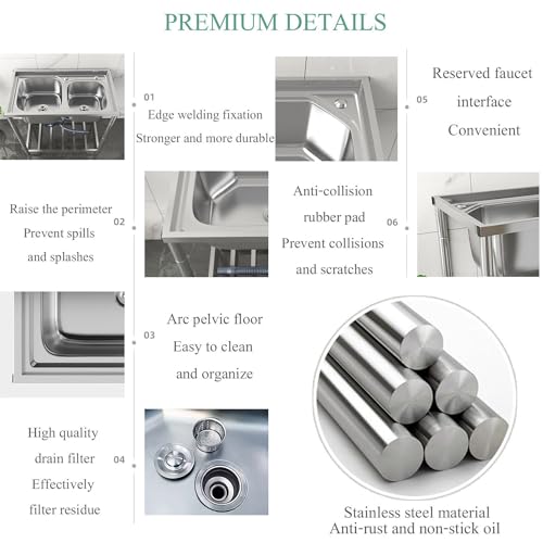 Stainless Steel Utility Sink, Single Bowl Free Standing Kitchen Sink, 1 Compartment Outdoor Garden Sink, Commercial Restaurant Sink Set with Drainer Unit, for Garage, Laundry (Color : Hot Cold taps,