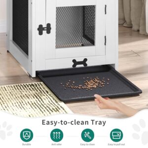 YITAHOME Dog Crate Furniture with Dual USB Charger, Wooden Dog Kennel End Table with Cushion Tray, Drawer for Small Dogs Under 25 lbs Indoor Use, White