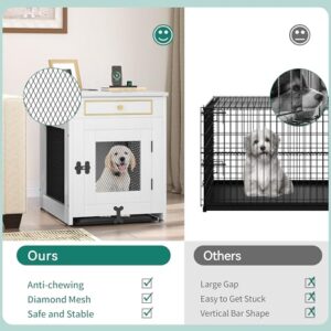 YITAHOME Dog Crate Furniture with Dual USB Charger, Wooden Dog Kennel End Table with Cushion Tray, Drawer for Small Dogs Under 25 lbs Indoor Use, White