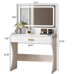 ZOPEND Vanity Desk with Lights and Mirror, Makeup Vanity Table Mirror with 3 Lighting Color Adjustable and Power Strip, Modern Dressing Table with Large Drawer White