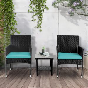 PayLessHere Set of 3 Outdoor Furniture Set Heavy Duty Patio Furniture Set Sturdy Conversation Set with 2 Rattan Chairs Glass Top Coffee Table Seat Cushions for Coffee Bar Poolside Patio Outdoor, Blue