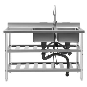 commercial restaurant sink, 201 stainless steel freestanding kitchen sink w/faucet & drainboard,double bowl kitchen sinks w/workbench & storage shelves