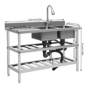 Commercial Restaurant Sink, 201 Stainless Steel Freestanding Kitchen Sink w/Faucet & Drainboard,Double Bowl Kitchen Sinks w/Workbench & Storage Shelves