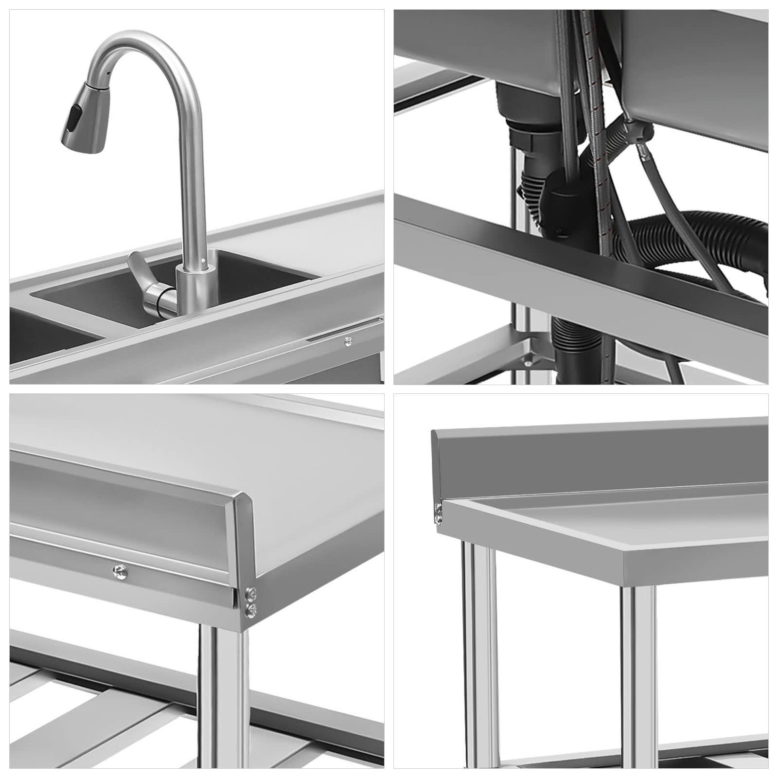 Commercial Restaurant Sink, 201 Stainless Steel Freestanding Kitchen Sink w/Faucet & Drainboard,Double Bowl Kitchen Sinks w/Workbench & Storage Shelves