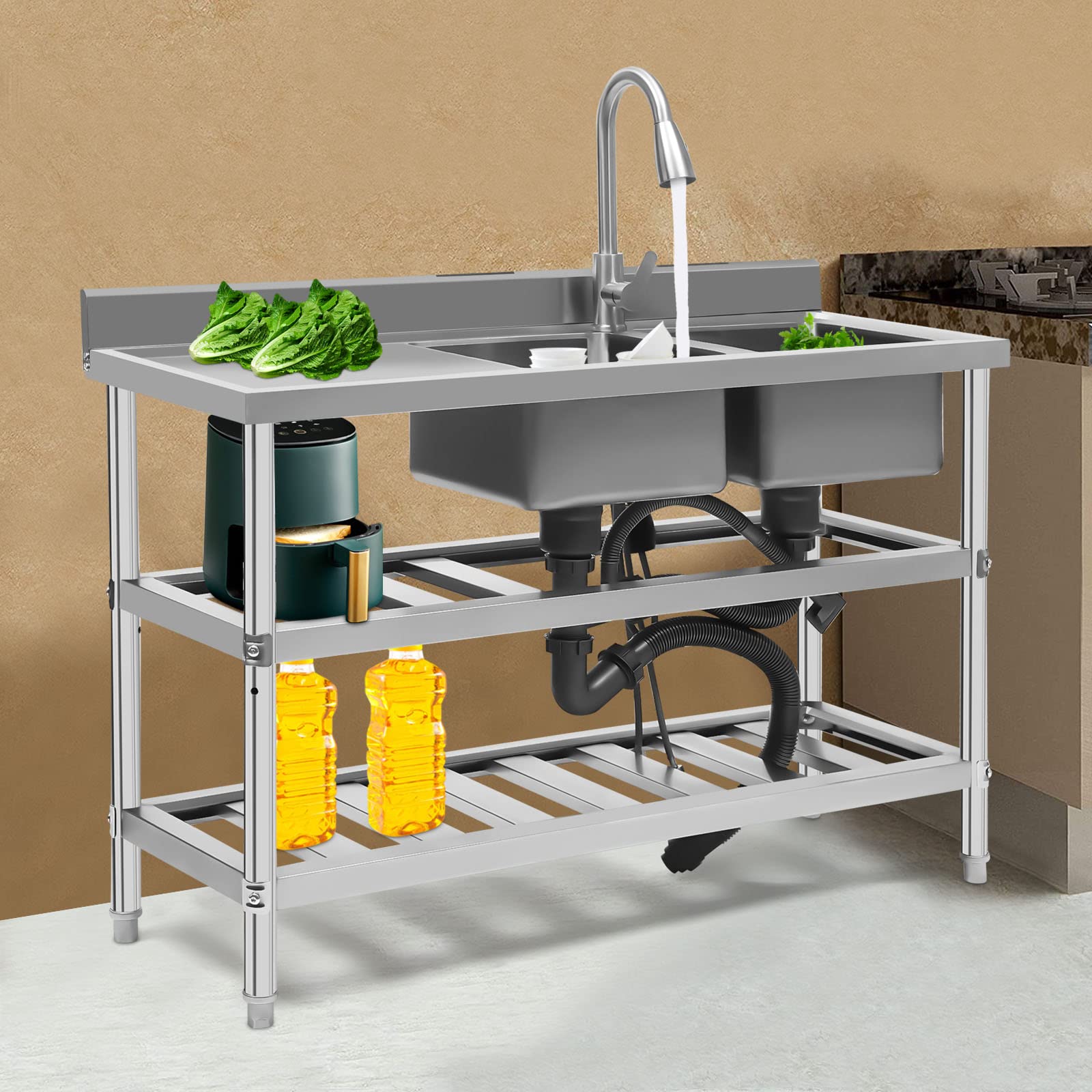 Commercial Restaurant Sink, 201 Stainless Steel Freestanding Kitchen Sink w/Faucet & Drainboard,Double Bowl Kitchen Sinks w/Workbench & Storage Shelves