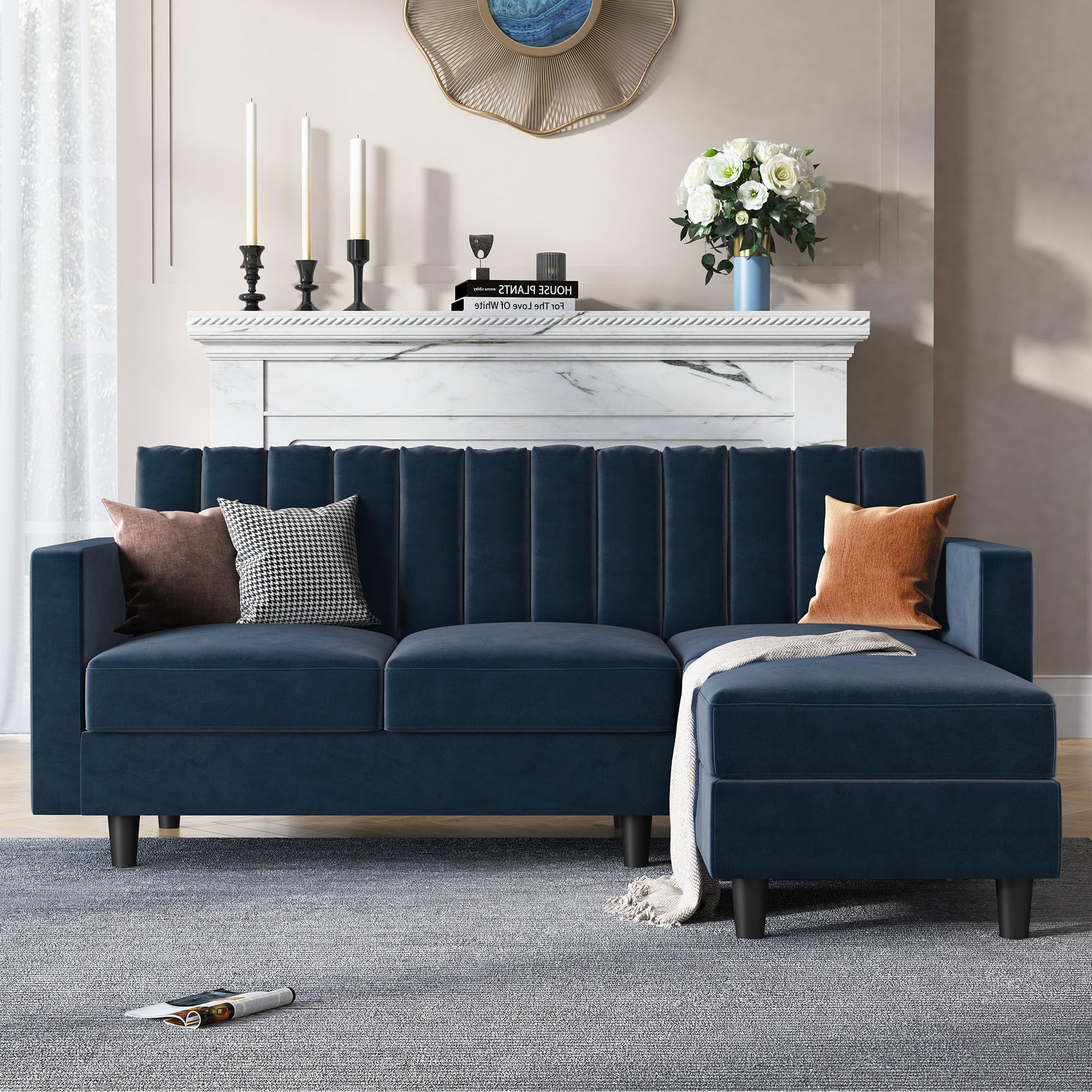 HONBAY Convertible L Shaped Sofa Velvet Sectional Couch with Reversible Chaise, L Shaped Couch with Ottoman for Small Living Room, Dark Blue