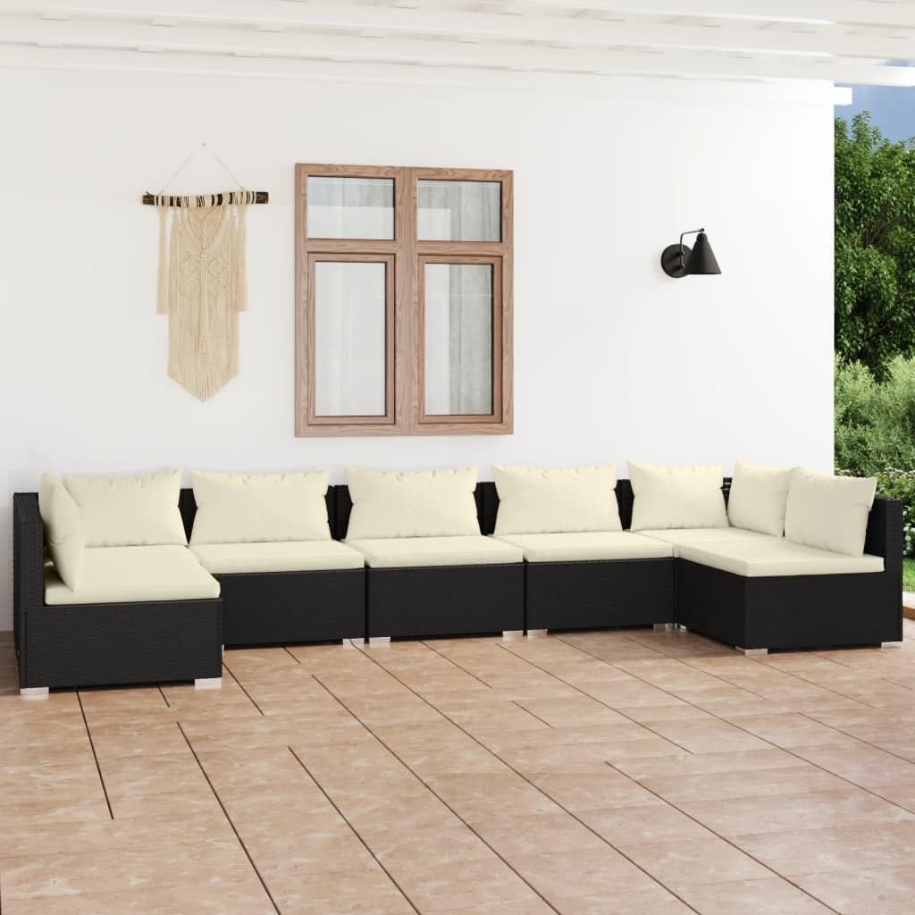 VRAXO 7 Piece Patio Lounge Set with Cushions Poly Rattan Black,Outdoor Furniture Sets-123.2lbs-10